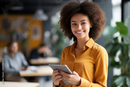 Positive African American lady smiling and using digital tablet at modern workplace. photo