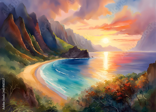 Watercolor painting of Na Pali Coast, Kauai, Hawaii at sunset  photo