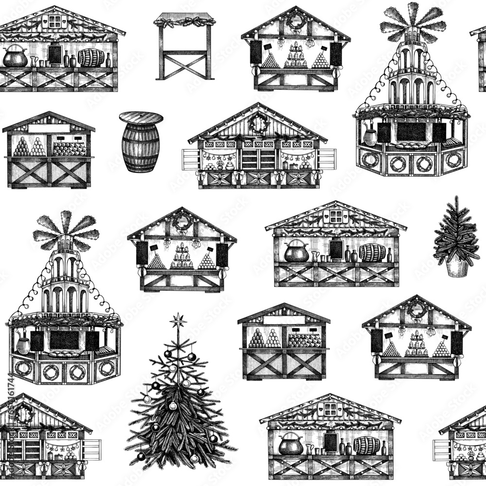 Christmas Market Stalls Background Hand Drawn Vector Illustration christmas-market-stalls-background-hand-drawn-vector-illustration