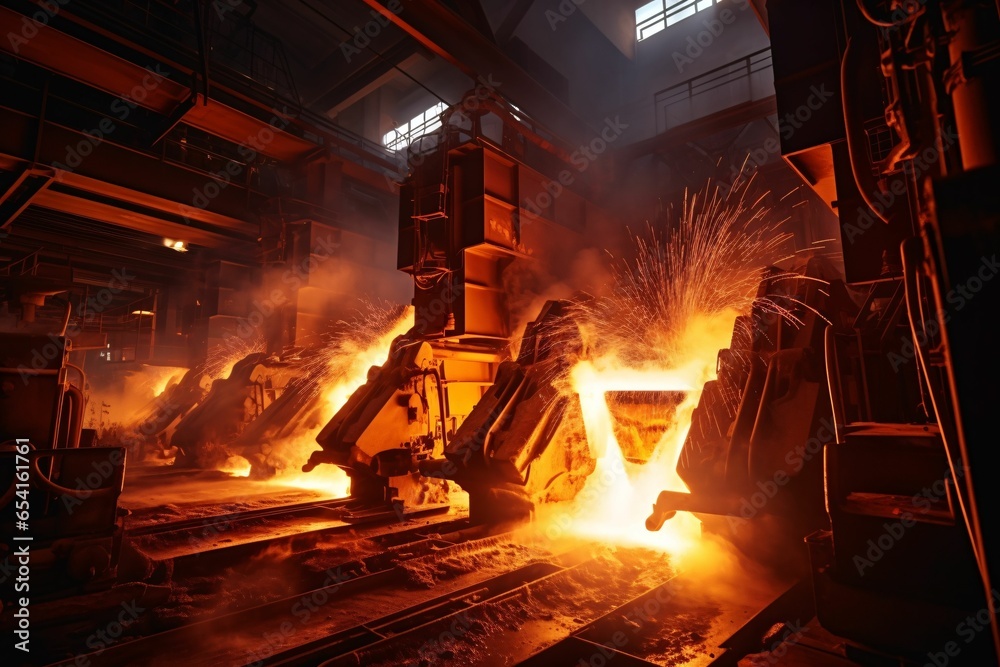 a steel mill, molten metal pouring into molds, while sparks fly. The long exposure captures trails of bright orange and yellow, representing intense heat and creation - obrazy, fototapety, plakaty 