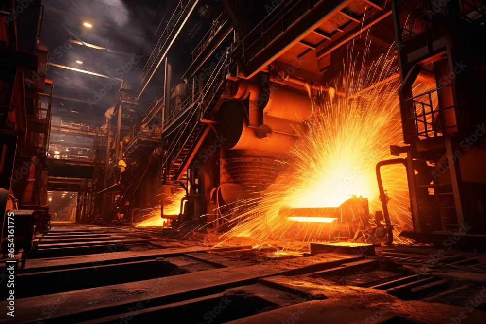 a steel mill, molten metal pouring into molds, while sparks fly. The long exposure captures trails of bright orange and yellow, representing intense heat and creation