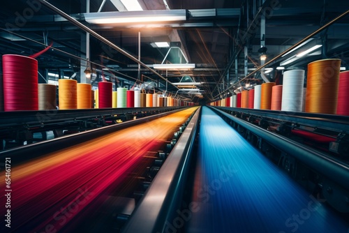 a textile factory floor with spinning machines creating threads. Motion blur from long exposure illustrates the seamless weaving process
