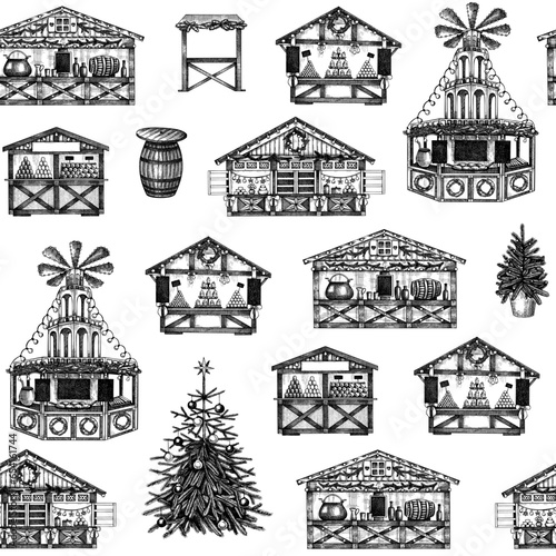 Christmas market stalls background. Hand drawn vector illustration. Winter holiday seamless pattern. Wooden kiosk, Christmas tree, candy shop, bakery, fast food, mulled wine sketches