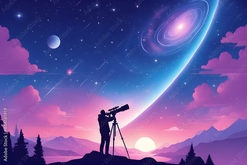 A passionate astronomer observing distant galaxies through a powerful telescope. Vector flat cartoon illustration - obrazy, fototapety, plakaty 