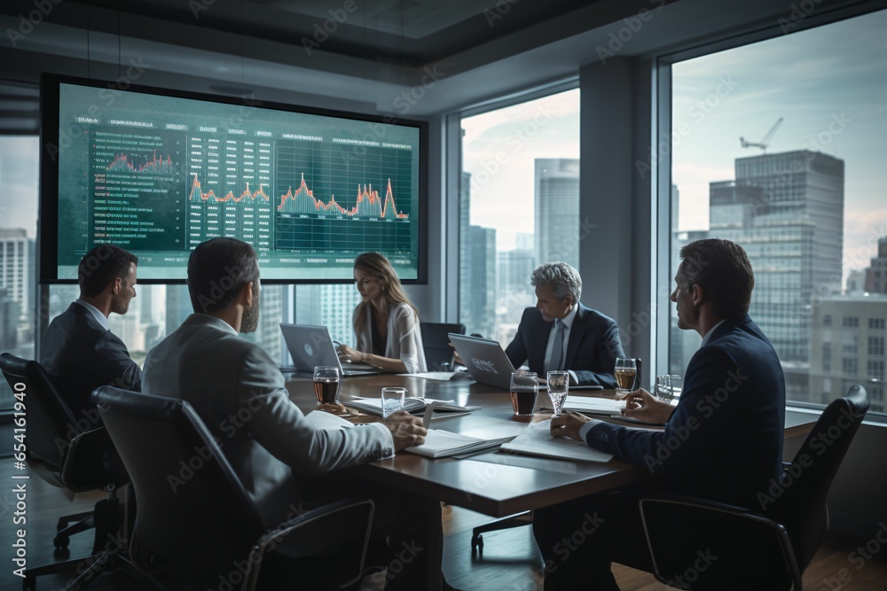 a conference room setting where diverse professionals engage in an animated discussion, with tablets showcasing financial reports placed in front of them - obrazy, fototapety, plakaty 