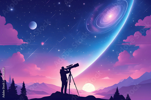 Leinwand Poster A passionate astronomer observing distant galaxies through a powerful telescope
