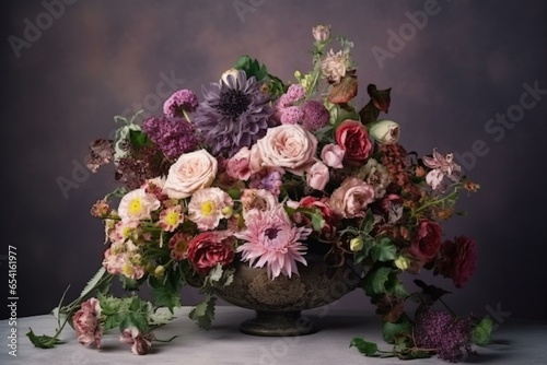 Flowers arrangement on pale backdrop. Vintage arrangement. Floral artistry. Generative AI © Xander