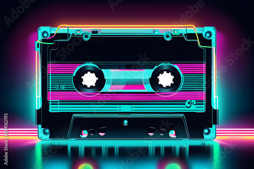 A vibrant vector of a cassette tape with neon-colored lines
