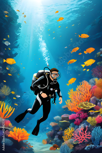 A professional diver exploring a vibrant coral reef teeming with marine life.