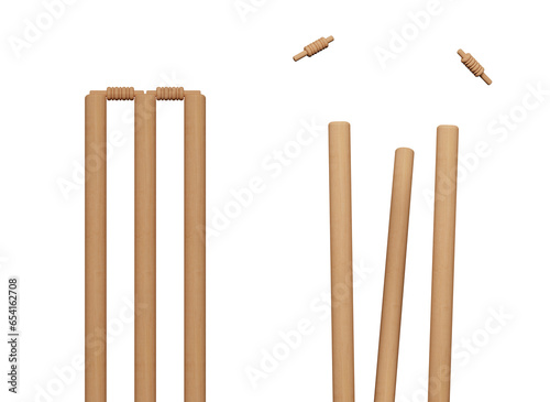 Cricket ball hitting wicket stumps knocking bails out against blue sky background. Bails fly from cricket stumps as ball hits on grass field. Close-up of cricket stumps and bails. 3D Rendering