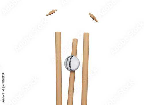 Cricket ball hitting wicket stumps knocking bails out against blue sky background. Bails fly from cricket stumps as ball hits on grass field. Close-up of cricket stumps and bails. 3D Rendering