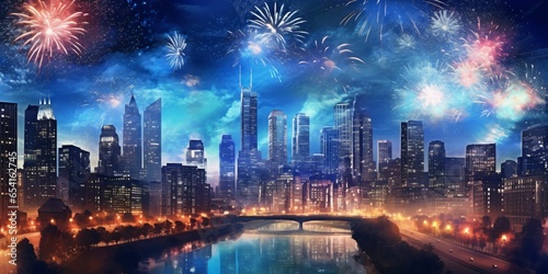 Colorful Fireworks at Night with View of the Cityscape. New Year Celebration