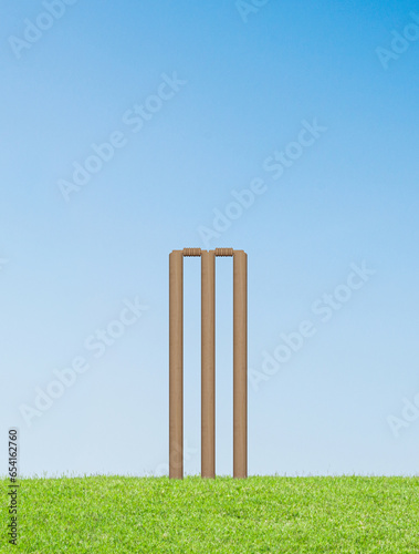 Cricket ball hitting wicket stumps knocking bails out against blue sky background. Bails fly from cricket stumps as ball hits on grass field. Close-up of cricket stumps and bails. 3D Rendering