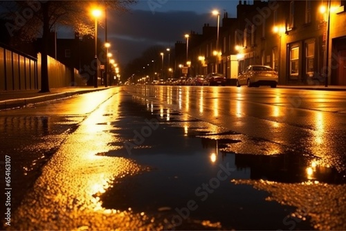 peaceful evening  bright road with shimmering pole reflections on damp pavement. Generative AI
