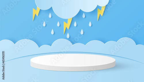 Paper cut of white cylinder podium for products display presentation with clouds, raindrops and lightning. Vector illustration