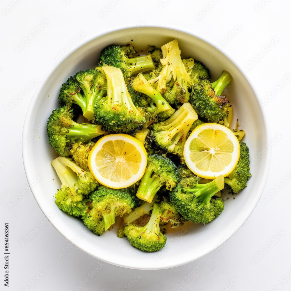 Blanched broccoli florets with lemon drizzle in a bowl on white background Blanched broccoli florets with lemon drizzle in a bowl on white background