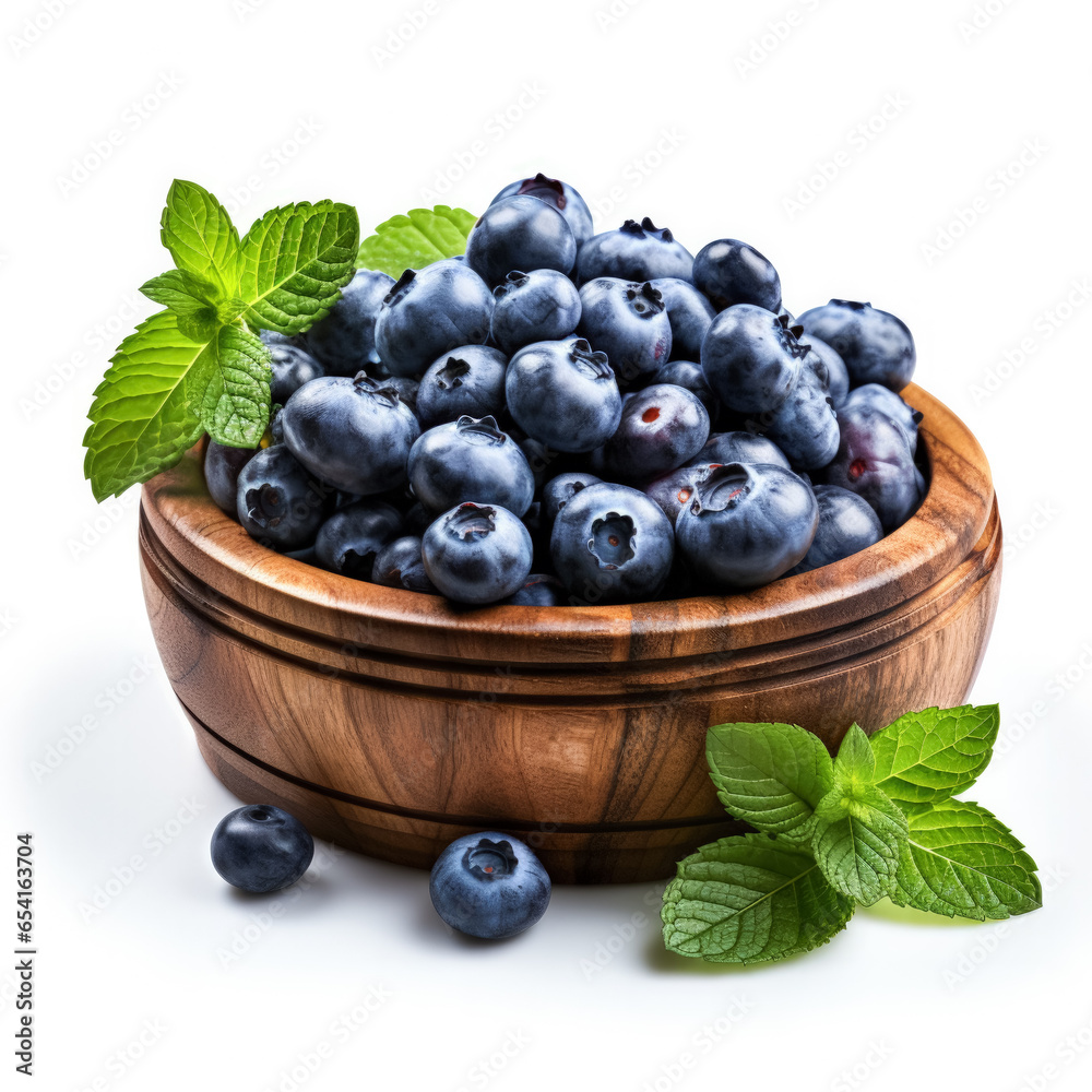 Rustic bowl brimming with fresh blueberries isolated on a stark white background Rustic bowl brimming with fresh blueberries isolated on a stark white background