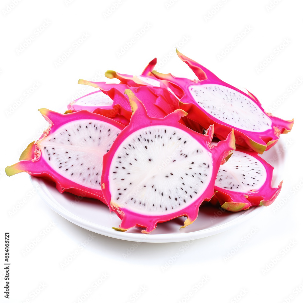Sliced dragon fruit display showcasing their vibrant colors on white background Sliced dragon fruit display showcasing their vibrant colors on white background