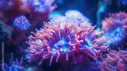 Close-up photo of coral reef background Bright neon coral reefs, sea anemones and sea plants © somchai20162516