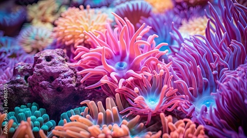 Close-up photo of coral reef background Bright neon coral reefs  sea anemones and sea plants