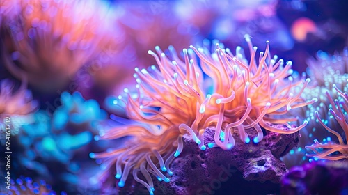 Close-up photo of coral reef background Bright neon coral reefs  sea anemones and sea plants