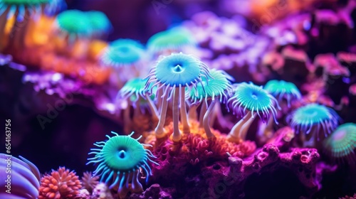 Close-up photo of coral reef background Bright neon coral reefs, sea anemones and sea plants © somchai20162516
