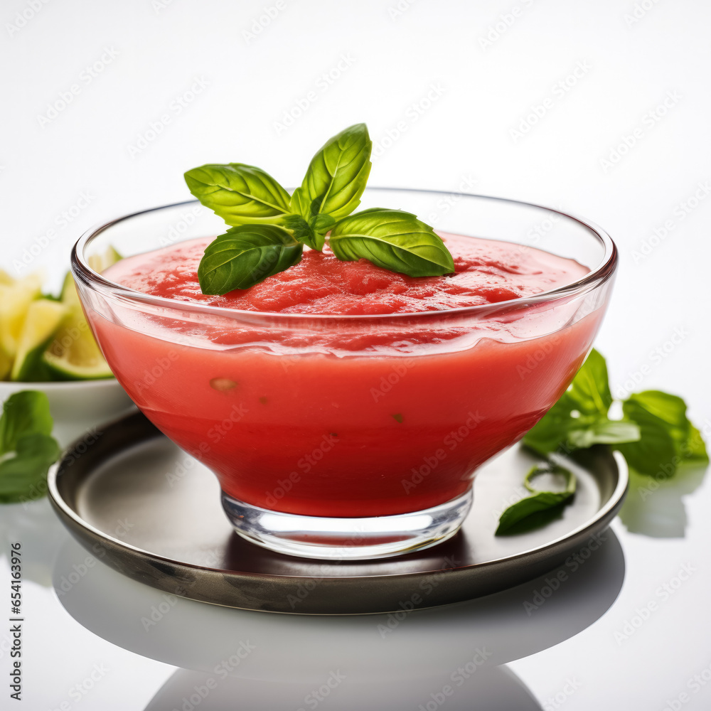 Chilled gazpacho with basil garnish in glass bowl on white background Chilled gazpacho with basil garnish in glass bowl on white background