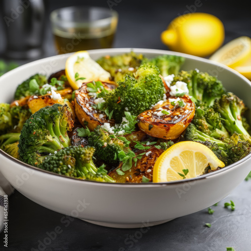 Valokuva Blanched broccoli florets with lemon drizzle in a bowl on white background