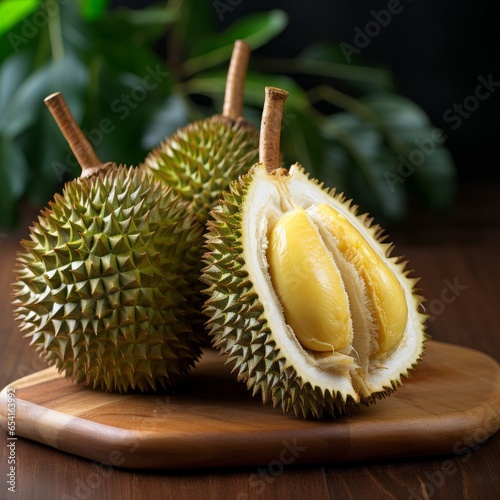Fresh durian fruit on wooden background. Durian is a king of fruits.