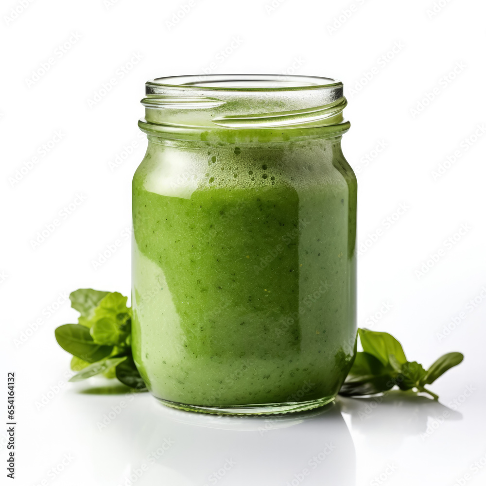 Organic green smoothie in a glass jar isolated on a white background Organic green smoothie in a glass jar isolated on a white background