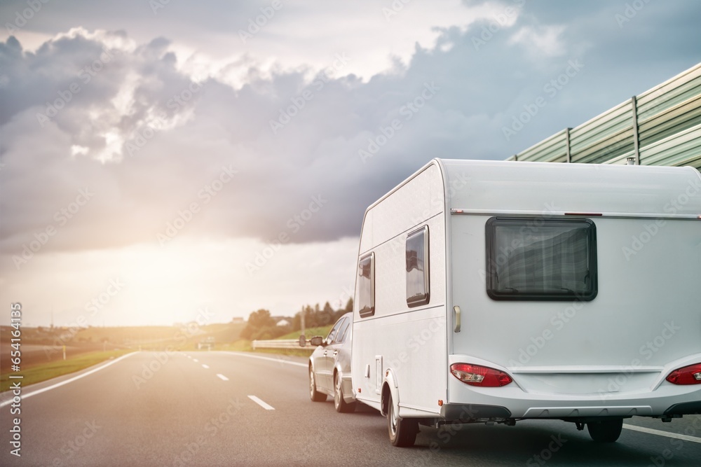 Summer Road Adventure Trip. Caravan Travels Through European Highways. Scenic RV Road Trip Summer Road Adventure Trip. Caravan Travels Through European Highways. Scenic RV Road Trip