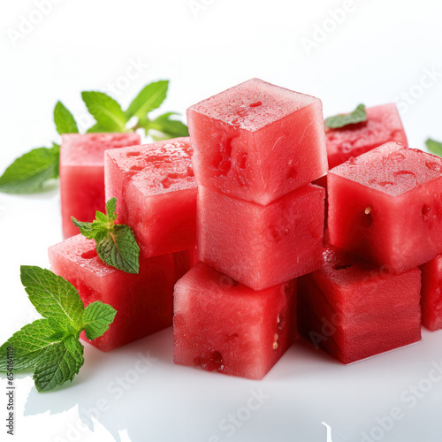 Juicy watermelon cubes arranged neatly against a clean white background 