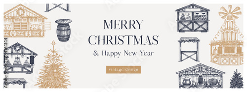 Christmas market background. Hand drawn vector illustration. European holiday marketplace banner design.. Christmas tree, wooden stall kiosk, candy shop, bakery, mulled wine sketches