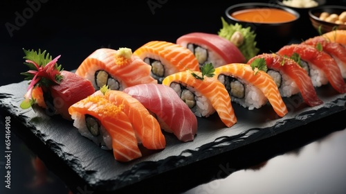 Salmon Sashimi and sushi rolls set served on stone slate.