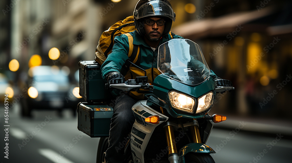 An urban scene showing a motorcycle rider navigating through city streets, embodying the excitement and energy of urban exploration. A package distributor. An urban scene showing a motorcycle rider navigating through city streets, embodying the excitement and energy of urban exploration. A package distributor.