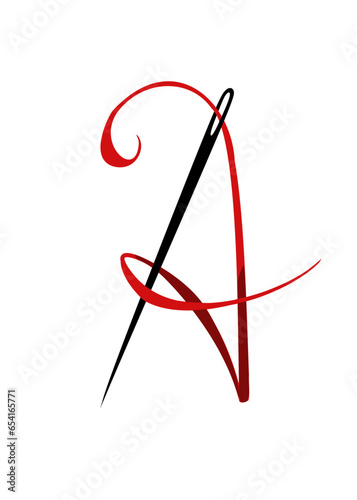 the letter A represented as a thread threaded through a needle