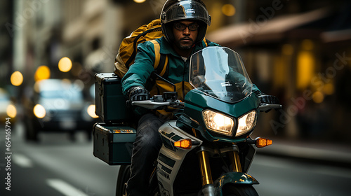 An urban scene showing a motorcycle rider navigating through city streets, embodying the excitement and energy of urban exploration.  A package distributor.
