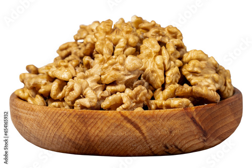 Walnut in wood bowl. Walnut peeled isolated on white background. Close up