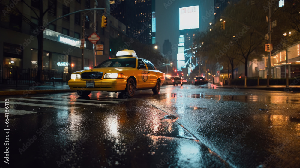 A taxi through the city streets on a quiet autumn night - obrazy, fototapety, plakaty 