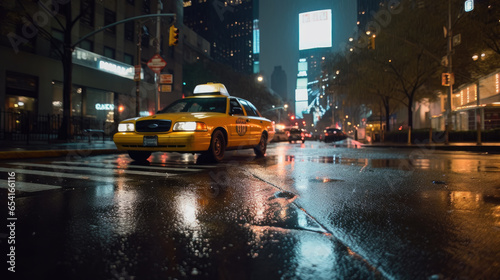 Obraz na płótnie A taxi through the city streets on a quiet autumn night