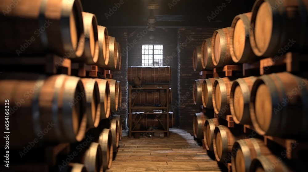 Wine barrels in wine vaults, Wine or whiskey barrels.