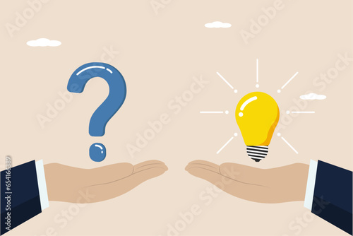 Question and answer, business solutions, asking for ideas to overcome business difficulties and problems, FAQ concept, businessman's hand holding a question mark with another answer with a light bulb.
