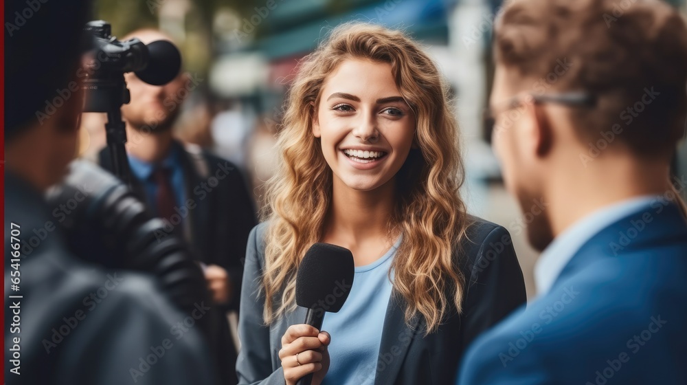 Young politician woman during interviewed live by a tv broadcast channel. - obrazy, fototapety, plakaty 