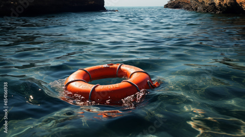 Lifebuoy floats on the water surface as a lifesaver on the water in the sea