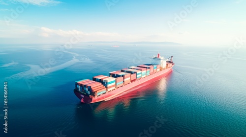 Ultra large container vessel (ULCV 366 Meters long) loaded with various Container brands, at sea - Aerial image.