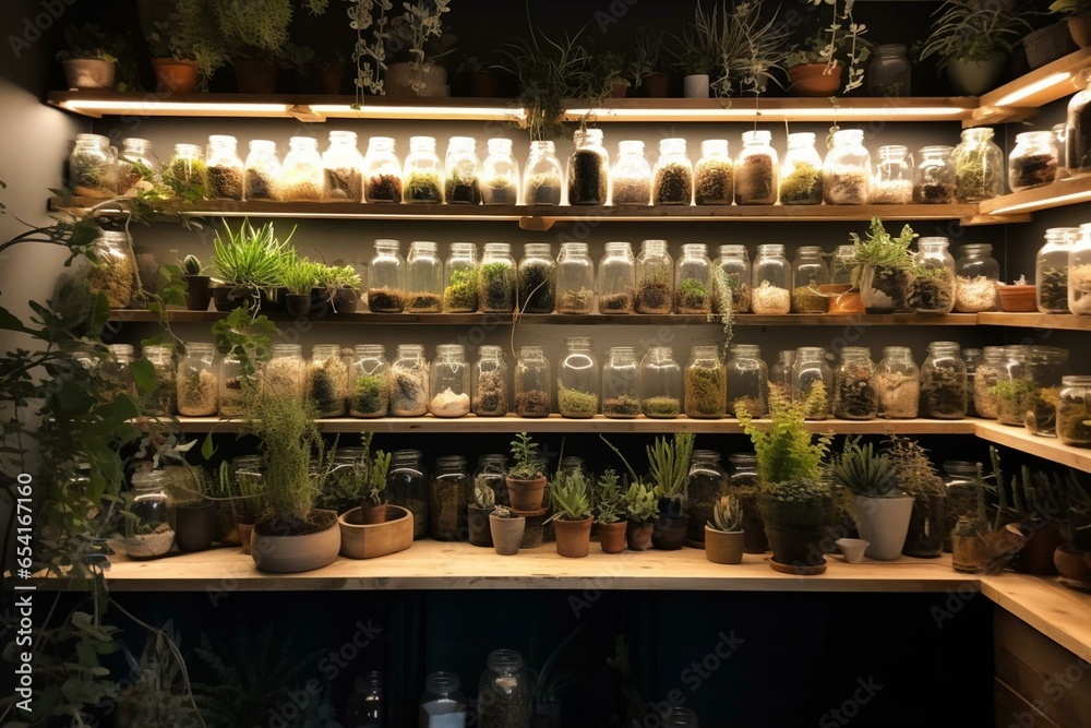 shelves filled with jars showcasing diverse and unique plant varieties. Generative AI
