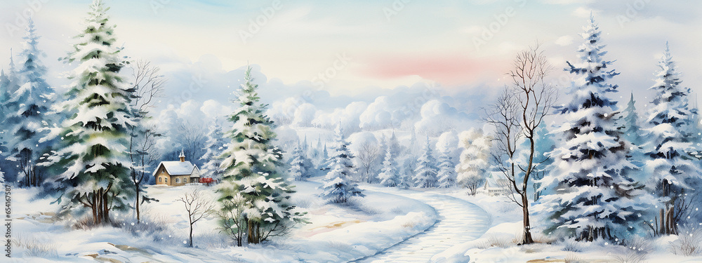 Beautiful landscape with snow. Christmas banner. Watercolor illustration for design, print.