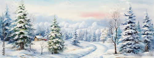 Beautiful landscape with snow. Christmas banner. Watercolor illustration for design, print. © fadzeyeva