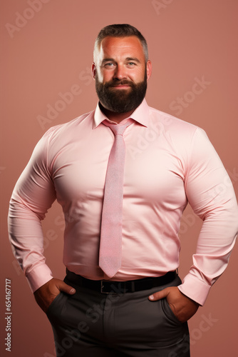 A confident manager flaunting his large physique isolated on a gradient background 