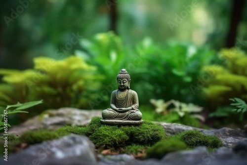 Blurred green nature with Buddha statue on a rock, representing Asian spirit and Zen garden. Generative AI